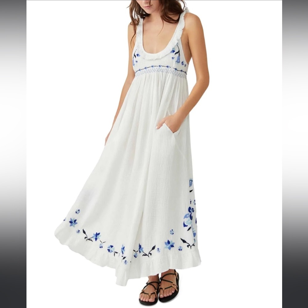 Free People White Maxi Dress with Blue Floral Embroidery